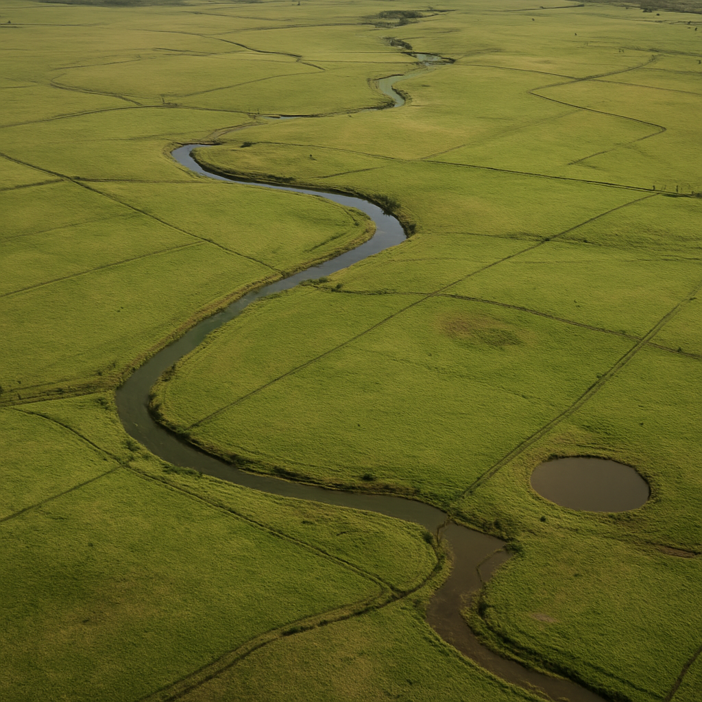 Aerial view of vast productive ranch land with green pastures and water sources