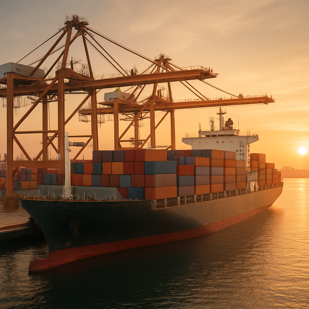 Cargo shipping vessel loading containers at an international port
