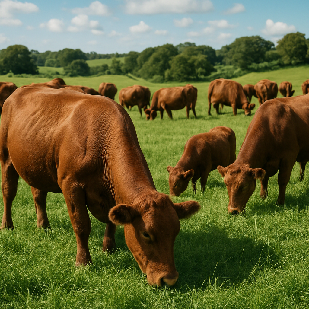 Beef cattle herd grazing on green pasture