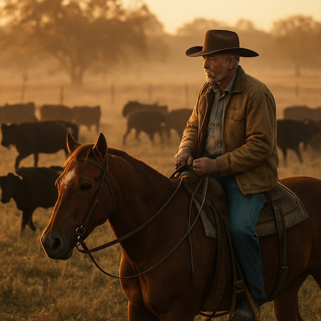 Rancher on horseback tending cattle at dawn